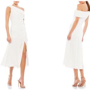 MAC DUGGAL FOLDOVER RCUHED ONE SHOULDER WHITE MIDI WHITE DRESS sz 0